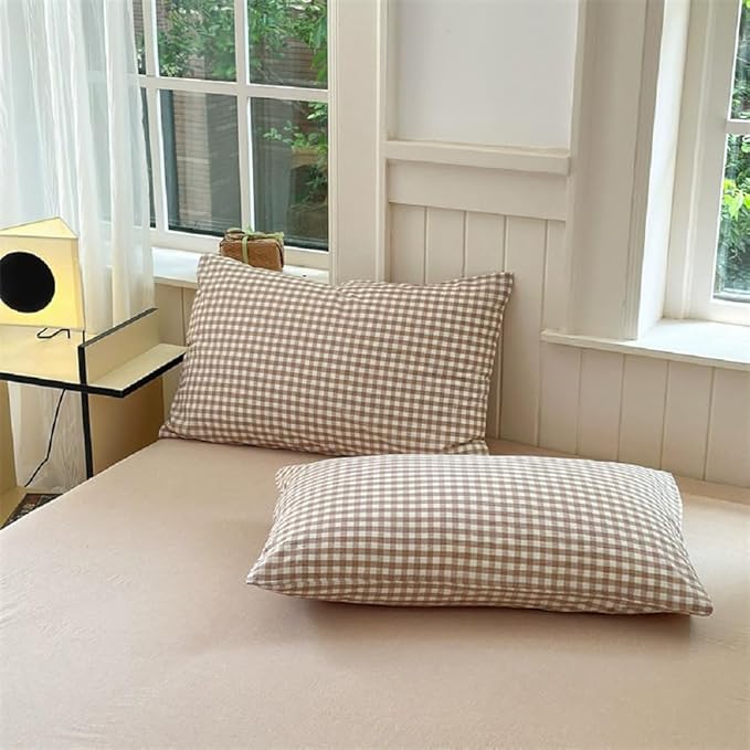 Nayoroom Brown Gingham Duvet Cover King Size Tan White Plaid Checkered Duvet Cover Grid Dorm Bedding Set 3 Pieces Soft Lightweight Washed Microfiber Farmhouse Bedding with Pillowcases