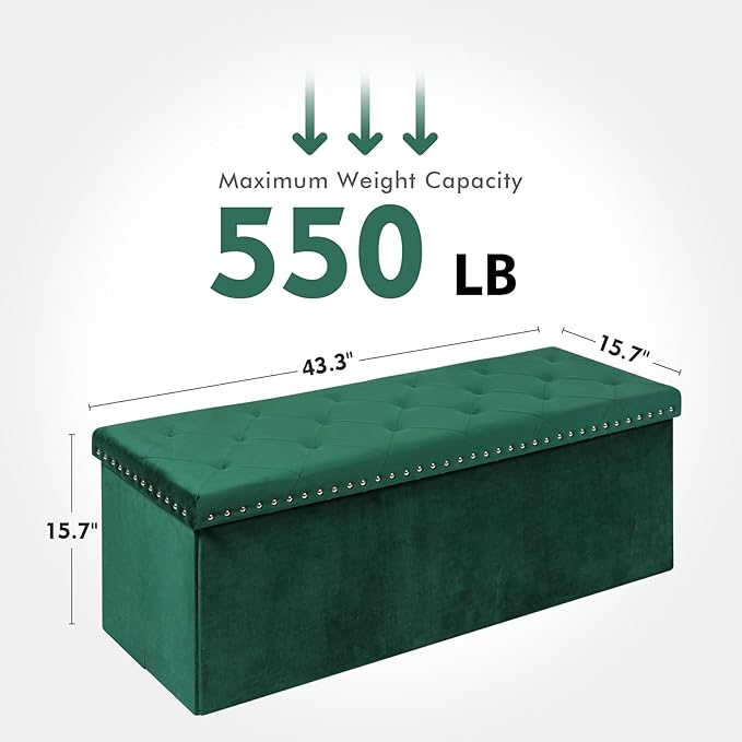 PINPLUS Storage Ottoman Bench for Bedroom, Green Ottoman Folding Velvet Chest with Benches Foot Rest Stool, Large Long Foldable Chest for Entryway Living Room, 43.3"x15.7"x15.7"