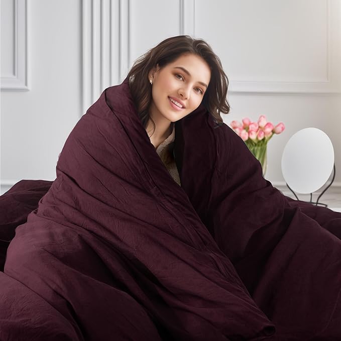 NEXHOME PRO Duvet Cover Set Kids Twin Size Linen Look Textured Organic Natural 100% Washed Cotton Duvet Cover Burgundy Dark Red 2 Pieces Bedding Set with Zipper Closure, Breathable (No Comforter)