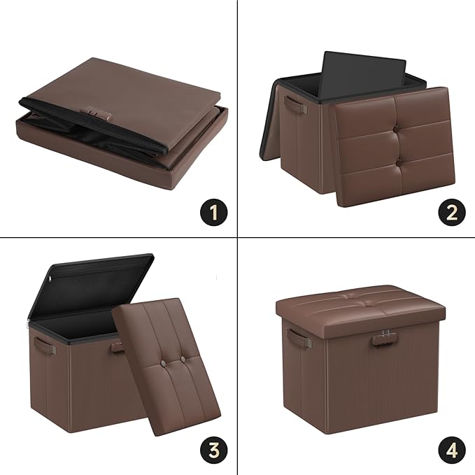 DocSafe Storage Ottoman Foot Rest Stool with Lock ＆ Handle, Fireproof Folding Leather Footstool Bench with Storage Safe for Living Room Bedroom, Home Office, Dorm, 17x13x13in, Brown