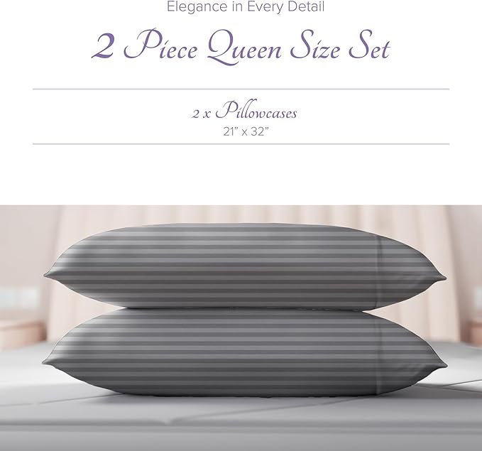 Carressa Linen 100% Egyptian Cotton Pillow Cases Queen Size Set of 2 - Luxury 600 Series Hydrangeas Collection Damask Standard/Queen Size Pillowcases (Dark Grey Stripe), Soft, Cooling Hotel Quality