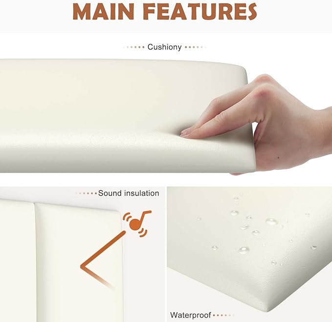 IFNOW Wall Mounted Upholstered Headboard Full, 3D Peel and Stick Soundproof Wall Panels, Reusable and Removable Padded Headboard Leather Bed, 6 Panels 9.84" x 23.62", Beige