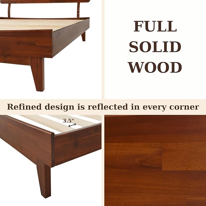 Bme Caden Queen Bed Frame and Adjustable Headboard, 15 Inch Mid Century Retro Style - Solid Acacia Wood - No Box Spring Needed - 12 Strong Wood Slat Support - Easy Assembly - Dark Chocolate