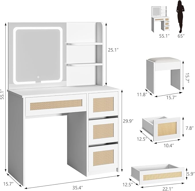 GarveeHome Rattan Vanity with Mirror, Makeup Vanity Desk with Adjustable LED Light, Large Storage Space and4 Drawers, 2 Tiers of Open Shelves for Bedroom in White & Natural