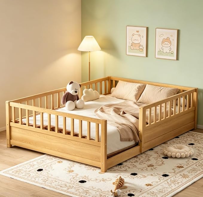 Bellemave Full Floor Bed with high Fence, Solid Pine Wood Montessori Bed for Kids Girls Boys Floor Bed Frame, Natural with slats
