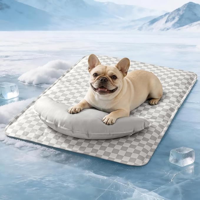 SOMAHE Pet Cooling Mats Pad for Dogs, Portable Summer Self-Cooling Mat with Removable Crescent Pillow for Small Dogs & Cats (Q-Max>0.5), Non-Toxic, All-Day Cooling, 27 x 20 Inches Grey