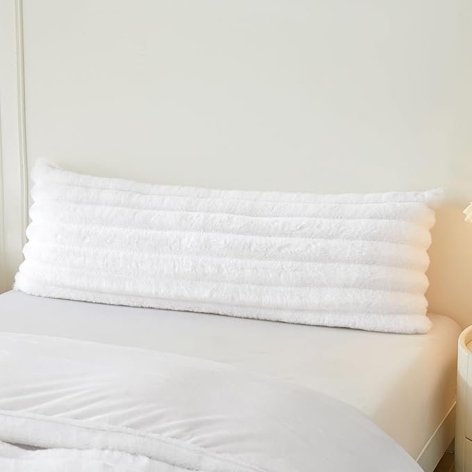 MEGO Fluffy Faux Rabbit Fur Body Pillow Cover 20x54, Luxury Soft Plush Shaggy Wide Striped Zippered Bed Pillowcase, Decor Fuzzy Furry Bedroom Long Pillow Cover for Pregnant Women Side Sleeper, White