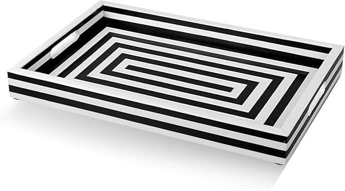 Handicrafts Home Decorative Tray for Coffee Table, Black and White Concentric Ottoman Tray 17 x 11 Inch, Handmade Resin Inlay Centerpiece Tray for Living Room, Modern Serving Tray for Home Decor