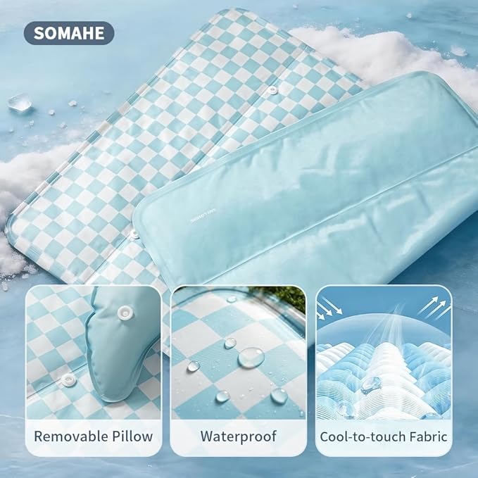 SOMAHE Pet Cooling Mats Pad for Dogs, Portable Summer Self-Cooling Mat with Removable Crescent Pillow for Small Dogs & Cats (Q-Max>0.5), Non-Toxic, All-Day Cooling, 27 x 20 Inches Blue