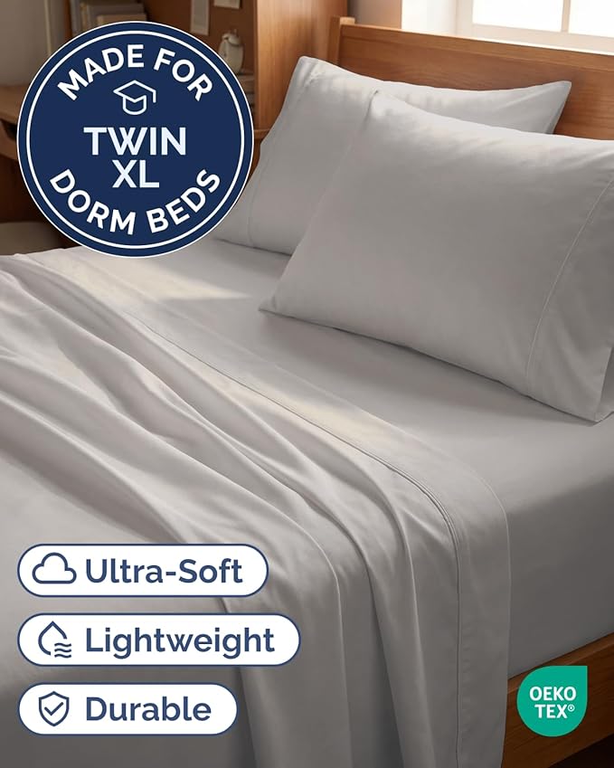 Twin XL 4 Piece Sheet Set - Comfy, Breathable & Cooling - Soft Hotel Luxury Bedding for Women, Men, Kids, Teens and Children - 1 Flat & 1 Fitted Sheet & 2 Pillowcases with Deep Pockets - Light Grey