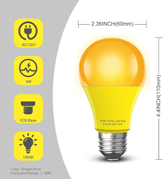 Amber Sleep Light Bulb 2 Pack，Dimmable 1800K Warm Light Bulbs for Healthy Sleep,Blue Light Blocking,A19 9W(60W Equivalent) E26 Base Amber Light Bulbs for Bedroom, Baby Nursery Room