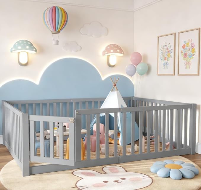 Bellemave Full Size Montessori Floor Bed with 23.5" High Rails, Pine,Plywood Floor Bed with Small Door, Grey