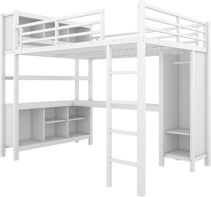 Full Size Loft Bed with L Shaped Desk, Wardrobe and Storage Shelves, Metal Heavy Duty Loft Bed Frames with Ladder and Guardrails for Kids, Teens, Juniors, Space Saving (White, Full)