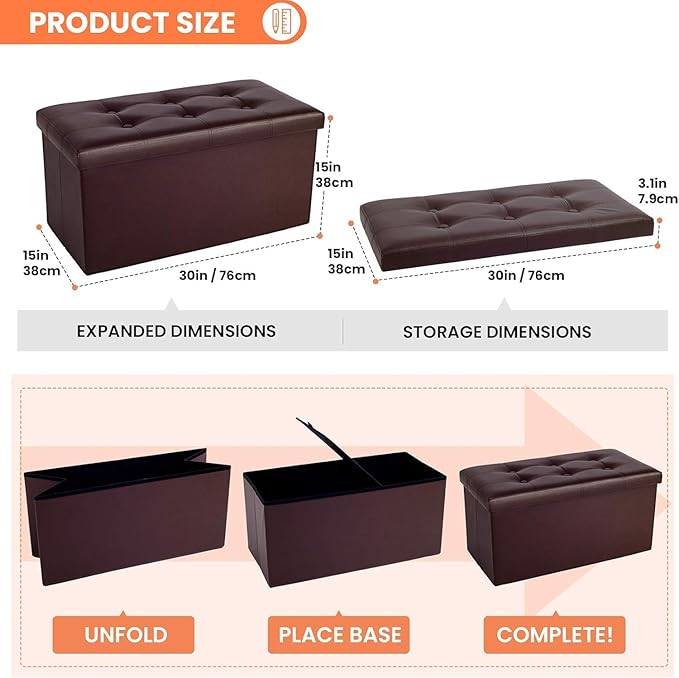 COSYLAND Ottoman Bench with Storage large-30x15x15in Folding Leather Ottoman, Rectangle Foot Stool Foldable Storage Chest Footrest Footstool Collapsible with Lid for Bedroom Living Room Brown