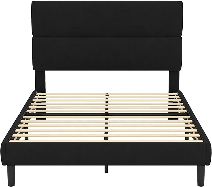 GRUSIGN Full Size Platform Bed Frame with Velvet Headboard, Adjustable Height Wooden Slats Support, Upholstered Mattress Foundation, Fits Mattress or Mattress with Box Spring, Easy Assembly, Black