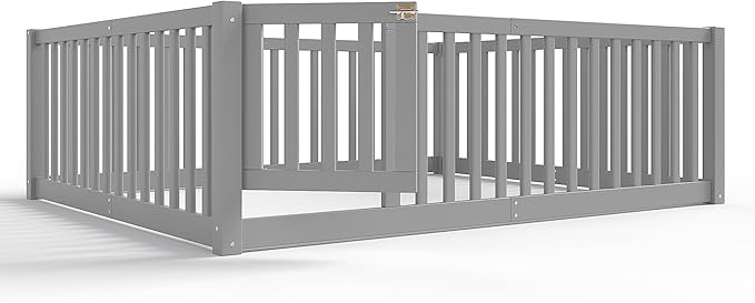 Bellemave Full Size Montessori Floor Bed with 23.5" High Rails, Pine,Plywood Floor Bed with Small Door, Grey