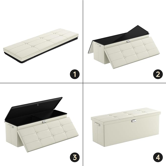 DocSafe Storage Ottoman Bench,Fireproof＆Waterproof Folding Bench with Lock(15”x 43”x15”),Leather Storage Chest with Handles＆2 Extra Boxes,Ottoman Safe for Bedroom,Living Room,Home Office,Beige
