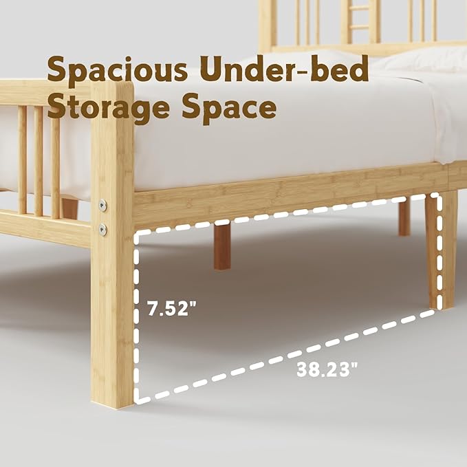 10 Inch High Bamboo Queen Bed Frame with Headboard and Footboard, Wood Bed Frame Queen Size Metal Slat Support Heavy Duty, No Box Spring Needed, Easy Assembly, Noise Free, Reinforced