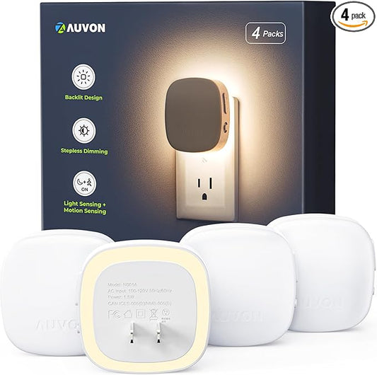AUVON Plug-in LED Backlit Night Light with Motion Sensor & Dusk to Dawn Sensor, 2200K Soft Warm White Nightlight with 1-50lm Dimmable Brightness for Adults & Kids' Bedroom, Bathroom, Hallway (4 Packs)