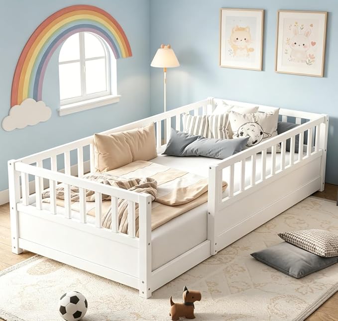 Bellemave Twin Floor Bed with high Fence, Solid Pine Wood Montessori Bed for Kids Girls Boys Floor Bed Frame, White with slats