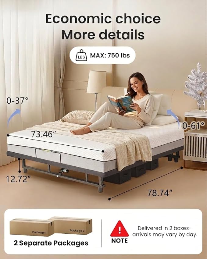 Mixcous King Adjustable Bed Frame Heavy Duty 750 lbs - Zero Gravity Electric Base with Wireless Remote for Back Pain Relief, Head & Foot Incline, Easy Assembly
