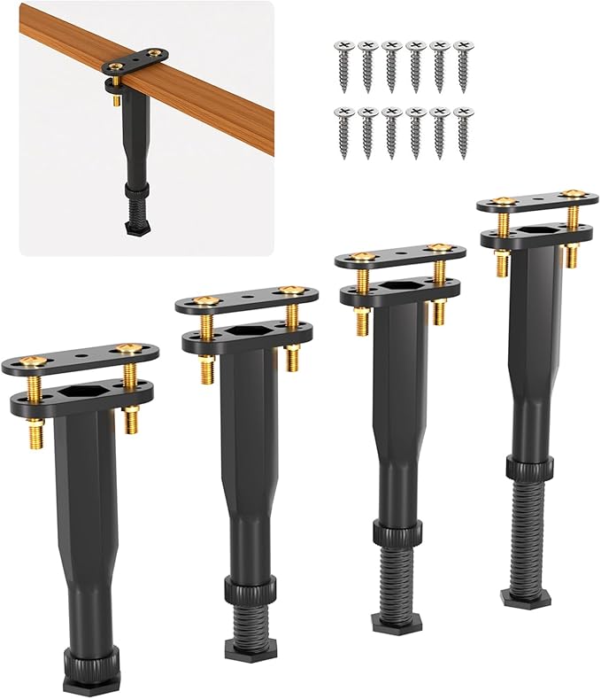 Yuleimy Adjustable Bed Center Support Legs (6.5"-11"), 3-in-1 Clamp-On (No Drill) & Screw-in Bed Slats Support, Heavy Duty Rust-Proof Polymer Replacement Legs for Queen King Metal/Wood Frame, 4 Pack