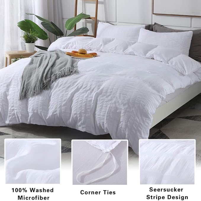 AveLom Seersucker Stripe Duvet Cover Full (80 x 90 Inches), 3 Pieces (1 Duvet Cover + 2 Pillow Cases) White Zipper Closure Corner Ties Soft Washed Microfiber Duvet Cover for Men,Women