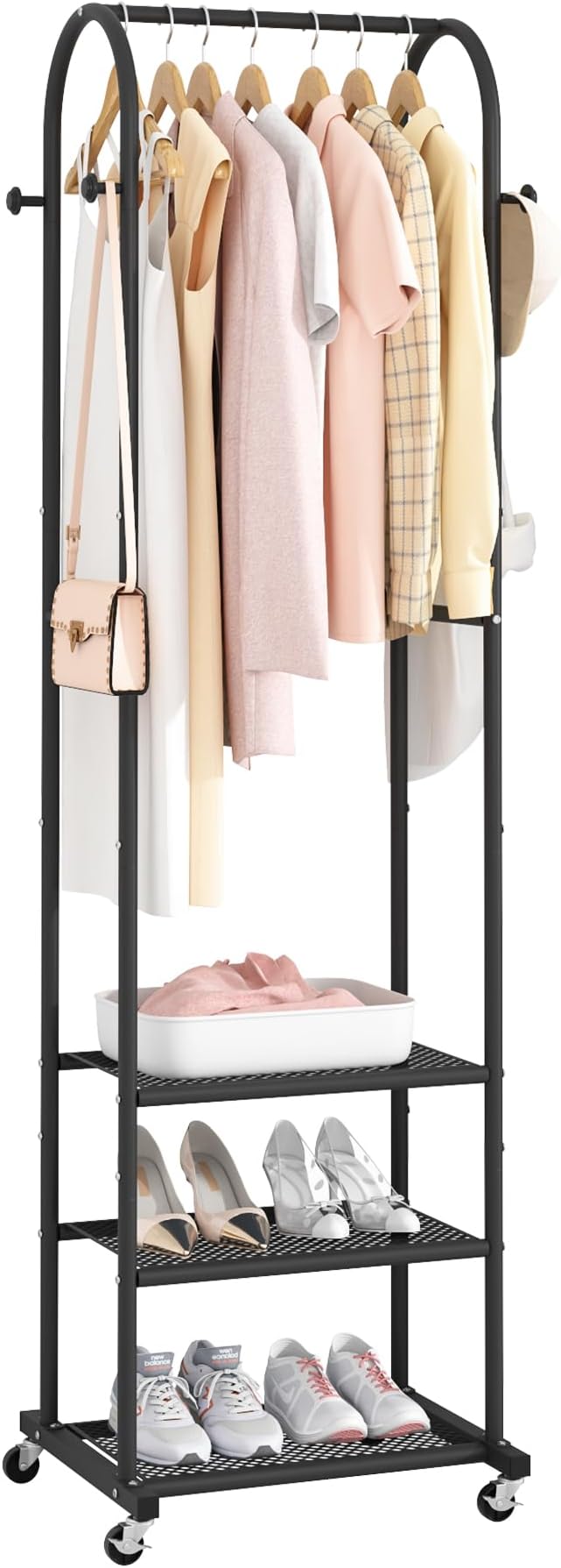 Kaitiemoo Heavy Duty Clothing Rack with Wheels,Modern Garment Rack with 3 Metal Shelves, 71.8Inches Display Rack for Hanging Clothes, Hanging Rod for Small Space,Black