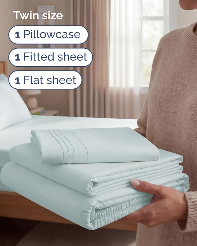 Twin Size 3 Piece Sheet Set - Comfy Breathable & Cooling Sheets - Hotel Luxury Bed Sheets for Women & Men - Deep Pockets, Easy-Fit, Extra Soft & Wrinkle Free Sheets - Ice Blue Oeko-Tex Bed Sheet Set