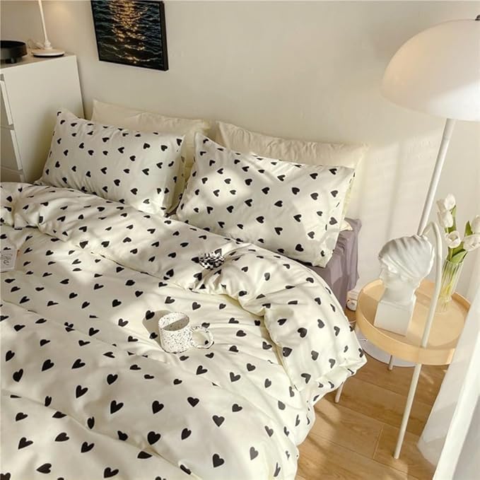 Nayoroom Black and White Heart Duvet Cover Queen Size Black Hearts Printed on White Bedding Set 3 Pcs Cute Kawaii Soft Breathable Microfiber Comforter Cover Valentine Gifts for Kids Girls