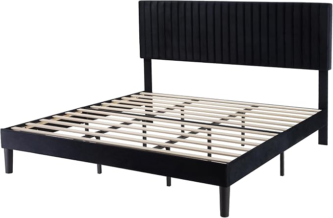 SHA CERLIN King Upholstered Platform Bed Frame with Adjustable Headboard/Vertical Channel Tufted Velvet Fabric/Wooden Slats Support/Mattress Foundation/Box Spring Optional/Black