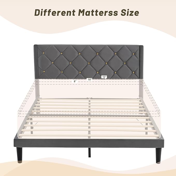 Queen Bed Frame with Headboard, Bed Frame Queen Size with Sturdy Wooden Slats Support, Platform Frame with Velvet Upholstered Headboard, Mattress Foundation, Easy Assembly, No Box Spring Needed Grey