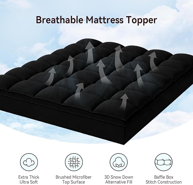 ABENE Mattress Topper Twin XL for Back Pain Relief, Extra Thick Mattress Pad Pillowtop, Soft Mattress Protector Cover with 8"-21" Deep Pocket, Overfilled Down Alternative Filling (Black, Twin XL)