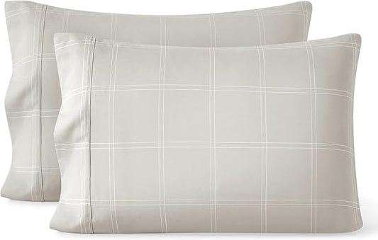 Bare Home Microfiber Pillow Cases - King Size Set of 2 - Cooling Pillowcases - Double Brushed - Pillowcases 2 Pack - Easy Care (King, Modern Plaid – Stone/White)