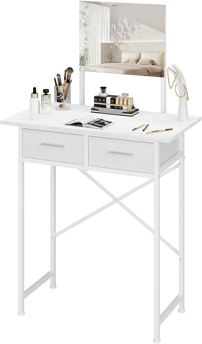 Jakyitvi Small Vanity Desk with Mirror and Drawers, White Makeup Vanity Table with Storage, Compact Vanity for Bedroom, Modern Makeup Desk for Girls, Space-Saving Vanity Table