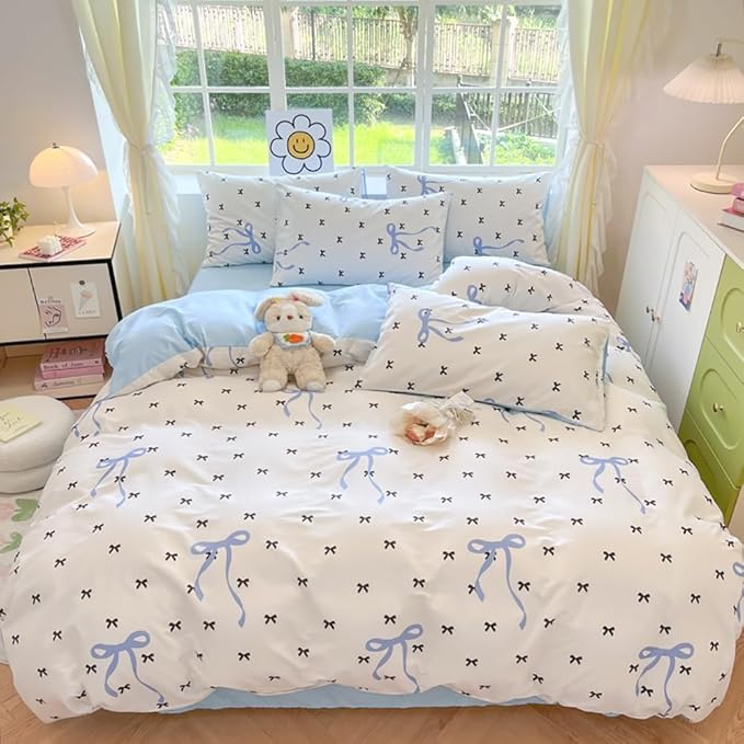 Nayoroom Blue Bow Duvet Cover Queen Size Reversible Blue Duvet Cover 3 Pieces Soft Lightweight Microfiber Kids Girls Cute Aesthetic Dorm Bedding Set
