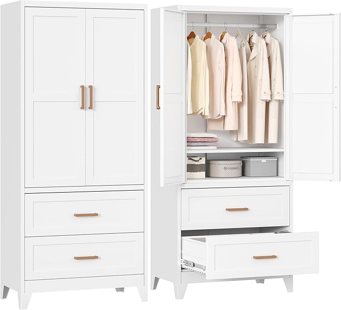INTERGREAT 71” H Metal Wardrobe Cabinets with 2 Doors, Large Clothing Storage Cabinets with Hanging Rod and Adjustable Shelves, Closet for Home Living (White)