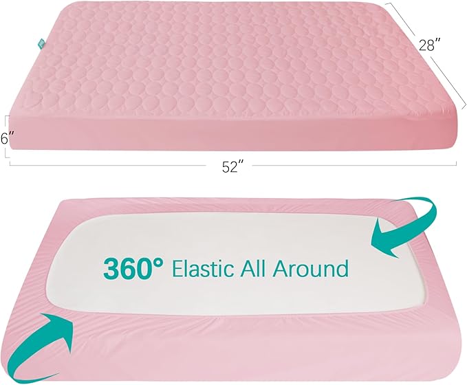Biloban Crib Mattress Protector Pad Waterproof, Toddler Waterproof Crib Mattress Cover, Machine Washable & Dryer Fit Baby Toddler Bed Mattress Protector (Standard Size 52” x 28”), Pink