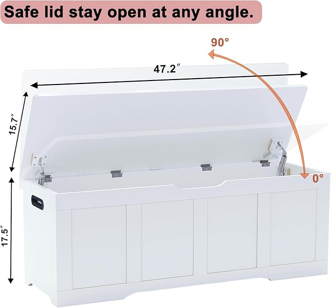 Timberer 47.2" Storage Chest, Extra Large Storage Trunk with 2 Safety Hinges, Wooden Storage Bench, Shoe Bench, Entryway Bench for Living Room, Bedroom, White