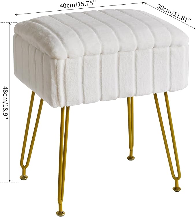 IBUYKE Vanity Chair with Storage Space, Footrest Ottoman, Small Side Table, Vanity Stool for Makeup Room, Bedroom, with Anti-Slip Feet, Faux Fur, White LG-50W