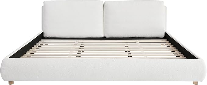 Merax King Size Boucle Fabric Upholstered Platform Bed with Two Removable Pillow Headboard, Wood Bed Frame with Solid Round Legs for Kids Teens Adults, White
