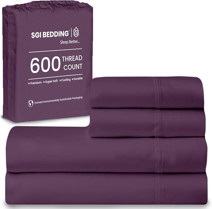 SGI bedding 100% Egyptian Cotton Sheets Twin XL Size – 600 Thread Count Sheets Set, Soft, Cooling, 15" Deep Pocket, Luxury Hotel Bedding, Breathable, Durable - Plum