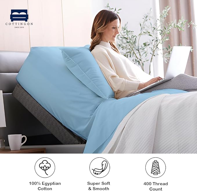 Cottingon 1 Piece Top Split King Fitted Sheet Only for Adjustable beds, Premium 100% Egyptian Cotton, 34 Inches Half Split Flex Head Bottom Sheet for Sleep Number Beds 16" Deep Mattress, Light Blue