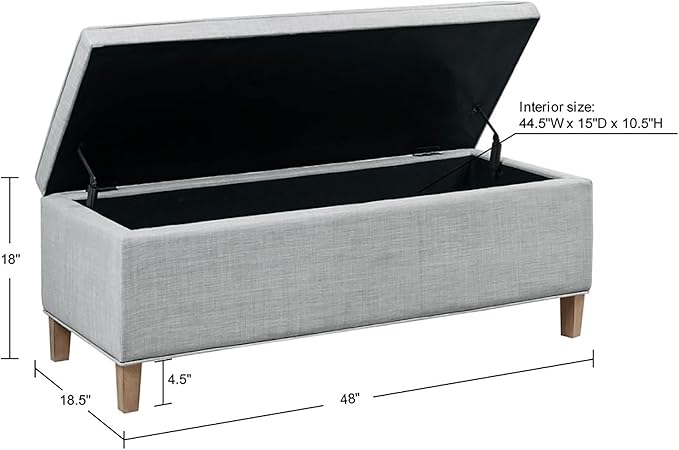 Martha Stewart Caymus Rectangular Storage Ottoman Bench, Upholstered Textured Fabric, Soft Hinge, Pipped Edges with Solid Wood Legs, Accent Furniture for Bedroom Décor, Easy to Assemble - Light Grey