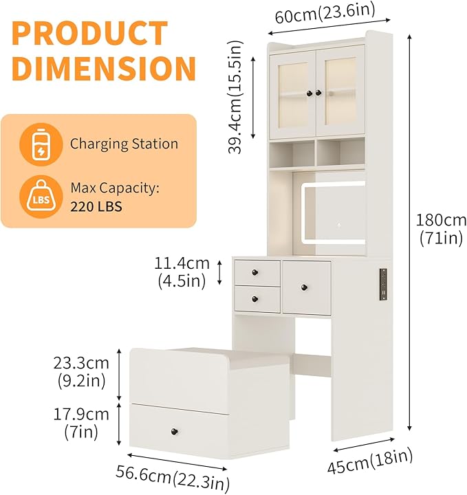 GarveeLife Compact Vanity, Make Up Vanity Desk with Mirror and Lights, White Vanity Table Set with Charger Station,Girls Small Vanity and Storage Chair
