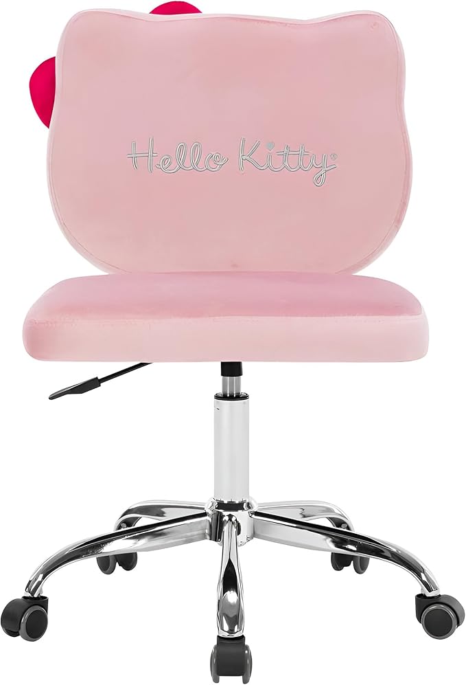 Impressions Vanity Hello Kitty Kawaii Swivel Vanity Chair for Makeup Room, Adjustable Height Desk Chair with Wheels Rolling, Comfy Polyurethane Foam Back Armless Chair for Dorm (Pink)