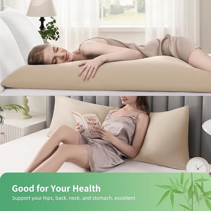 Body Pillowcase, Cooling Viscose from Bamboo Pillow Cover with Zipper Closure, Soft Moisture-Wicking for Hot Sleepers, Hair and Skin-Friendly, Light Khaki, 1 Pack