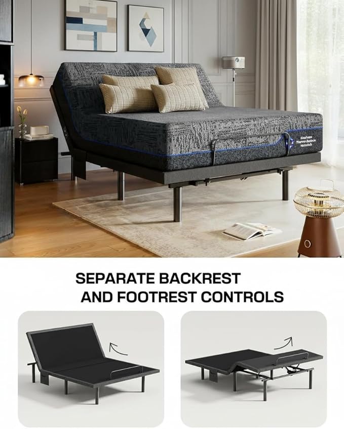 Marsail Queen Adjustable Bed Frame with Massage, Electric Adjustable Bed Base with Head & Foot Incline, Quiet Motor Adjustable Bed Frame with USB Ports, LED Light, Height-Adjustable Legs
