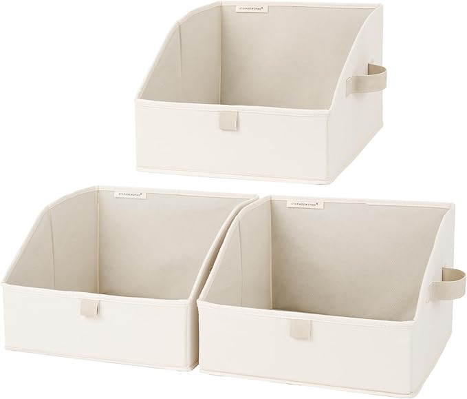 StorageWorks Closet Storage Bins, Trapezoid Organizer Box for Shelves, Fabric Clothes Bin, Foldable Organizing Baskets with Handles, Small, Beige, 3-Pack