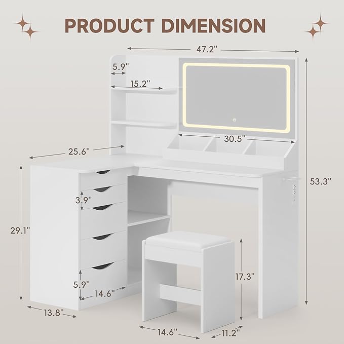Furmax Vanity Desk with Mirror, L Shape Vanity, LED Lighted Mirror, with Power Outlet and 3 Storage Shelves, Makeup Table with 5 Drawers, 3 Color Modes, for Bedroom(White)